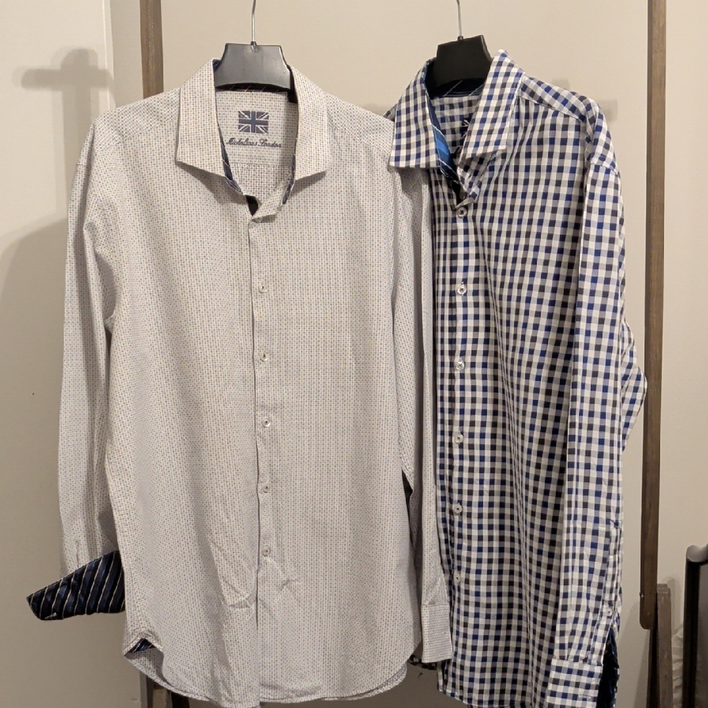 2 Classic Dress Shirts: White Fleck and Blue/Black Checkered Men's Shirts Size L